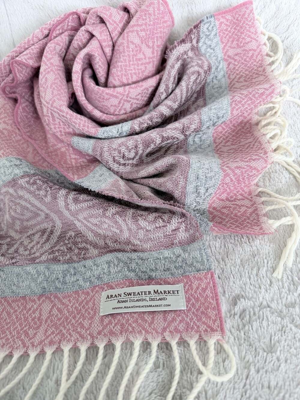 Aran Sweater Market Pink and Grey Celtic Pattern Wool Blend Scarf